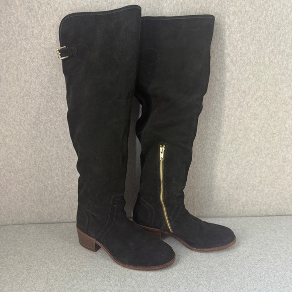 Coach Palmera 2 Over The Knee‎ Boots Suede Leather Gold Zipper Buckle Black 8B - Picture 1 of 16